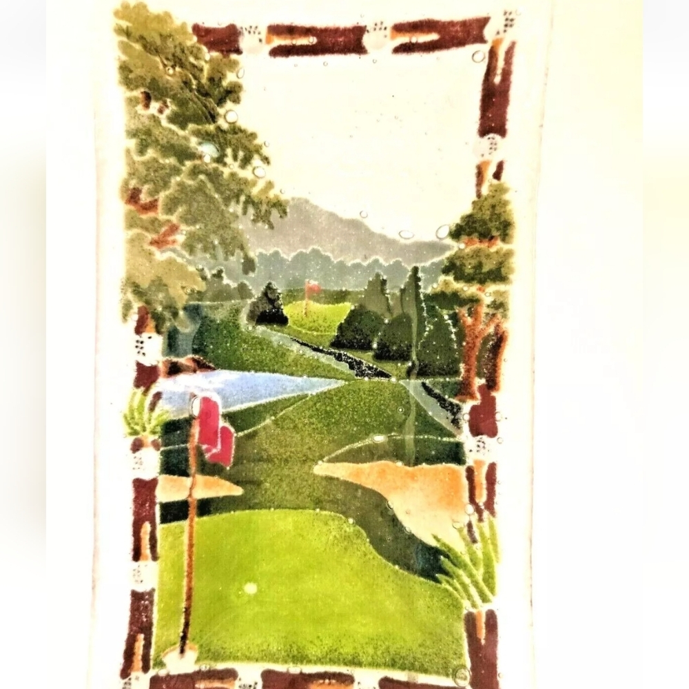 Golf Course Tee Shot Fused Glass 10"×6" Tray by Peggy Karr 1998 Pre-owned